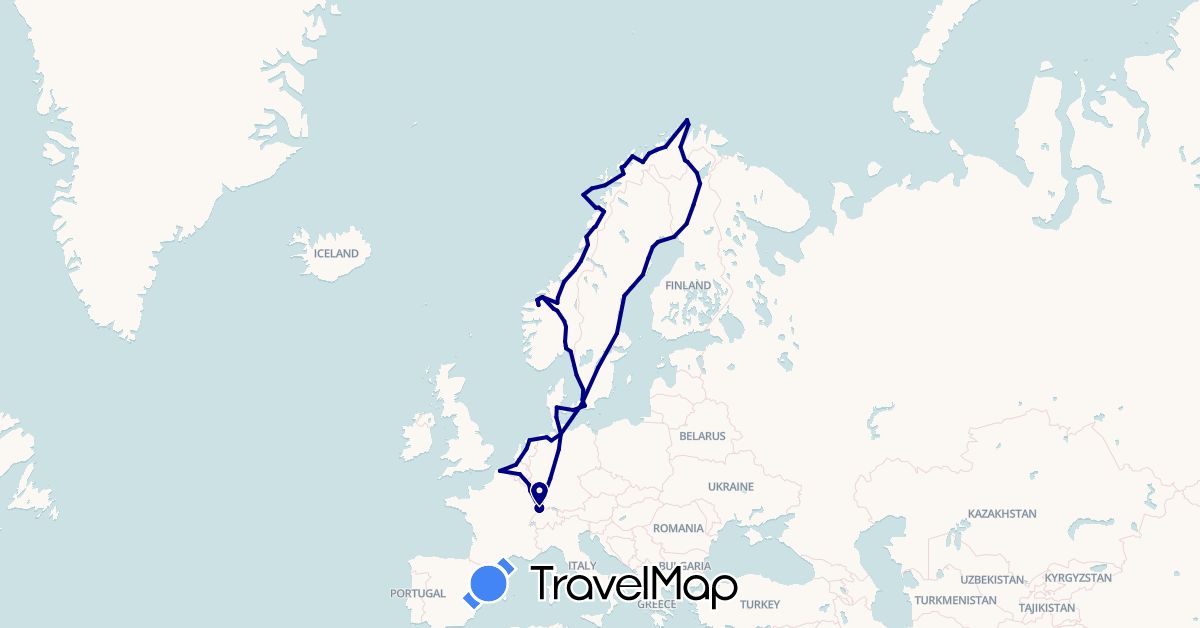 TravelMap itinerary: driving in Belgium, Germany, Denmark, Finland, France, Luxembourg, Netherlands, Norway, Sweden (Europe)